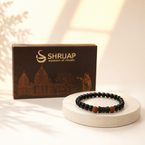 Natural Black Matte Karungali Wood Bracelet with Damru & Rudraksha Bead – 8 MM