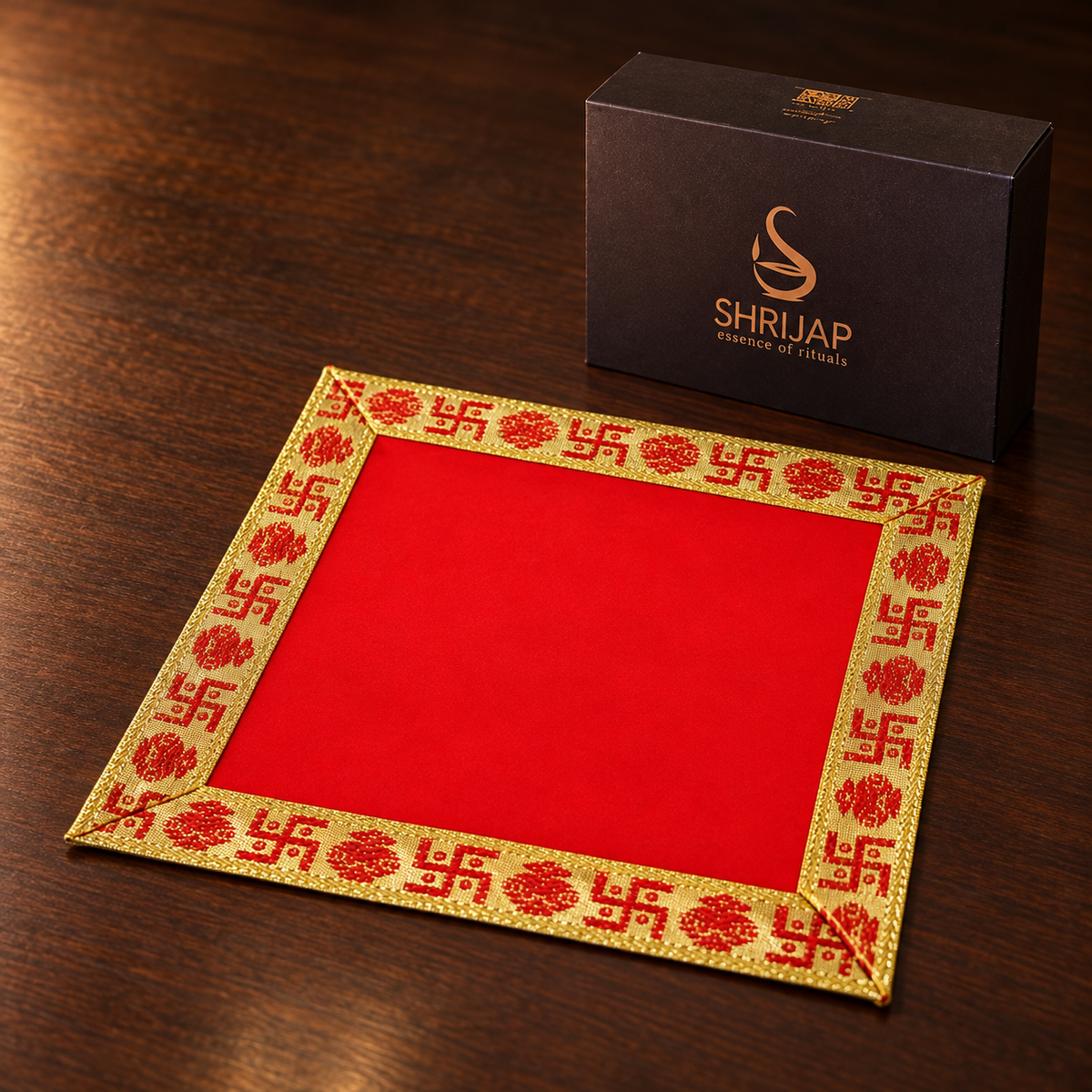 Red Velvet Puja Aasan with Golden Border – 10x10 Inch