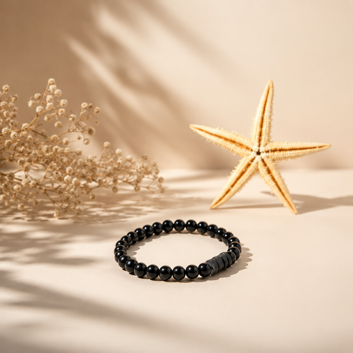 Natural Black Matte Karungali Wood Bracelet with Damru Bead – 6 MM
