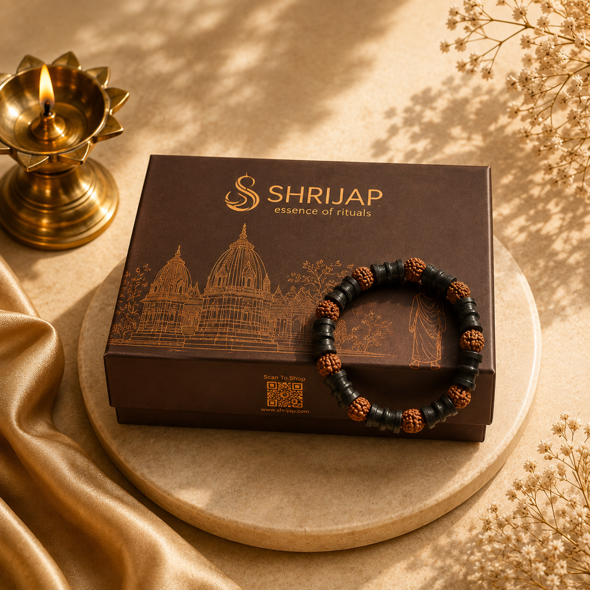 Natural Rudraksha with Black Damru Spacer Beads Bracelet – 8 MM