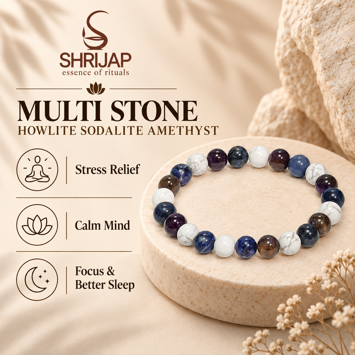 Multi Stone Round Bracelet – Howlite, Sodalite & Amethyst – 8 MM