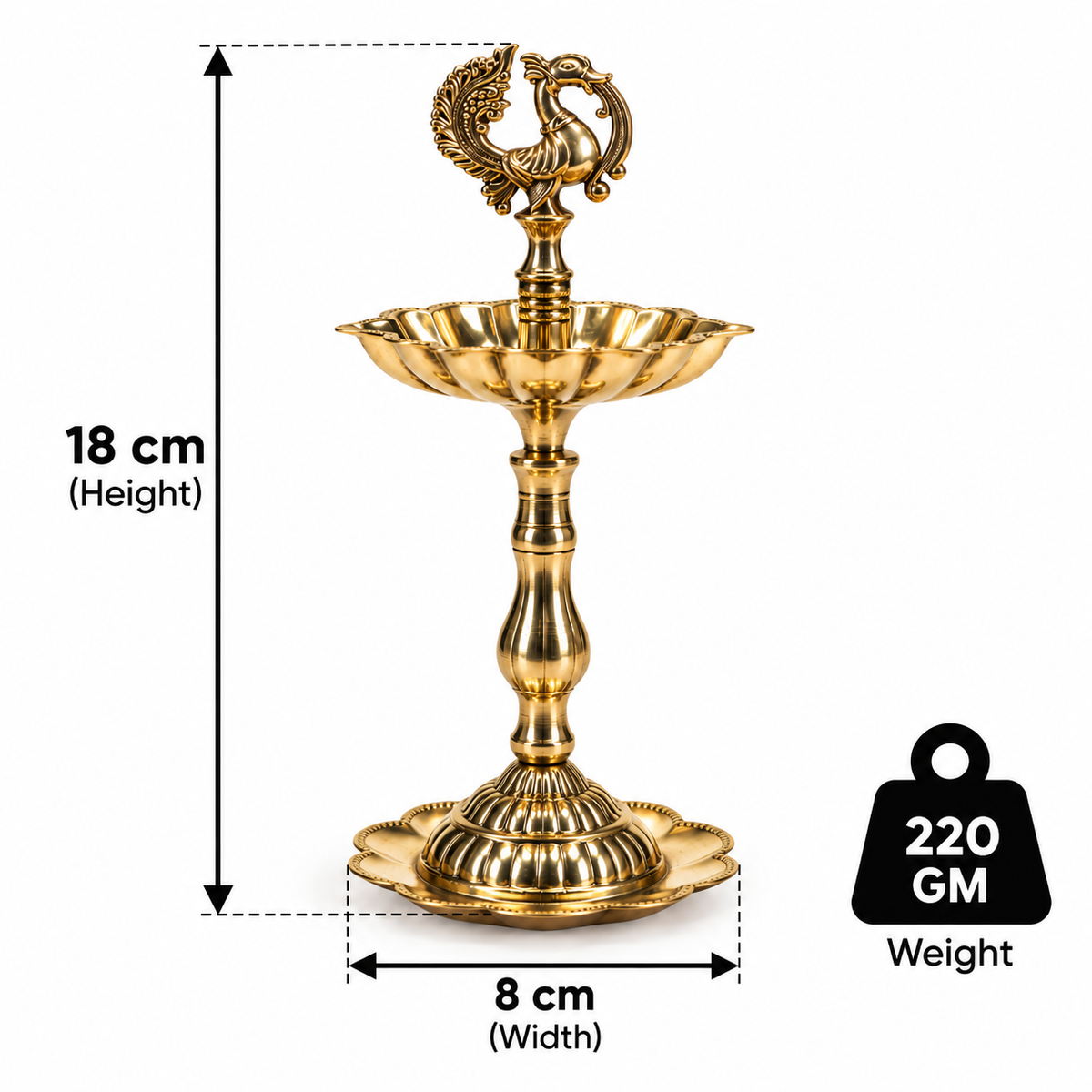 7 Inch Brass Peacock Lotus Diya On Stand