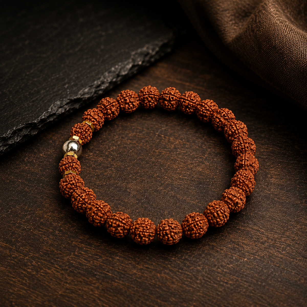 Natural 5 Mukhi Rudraksha Pyrite Guru Bead Bracelet – 8 MM
