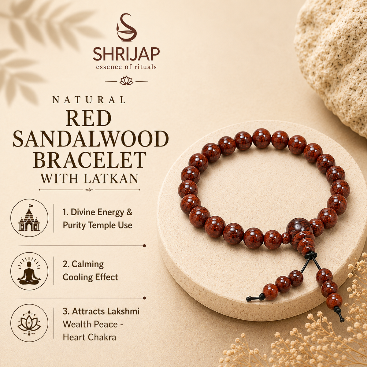 Natural Red Sandalwood Bracelet with Latkan – 8 MM