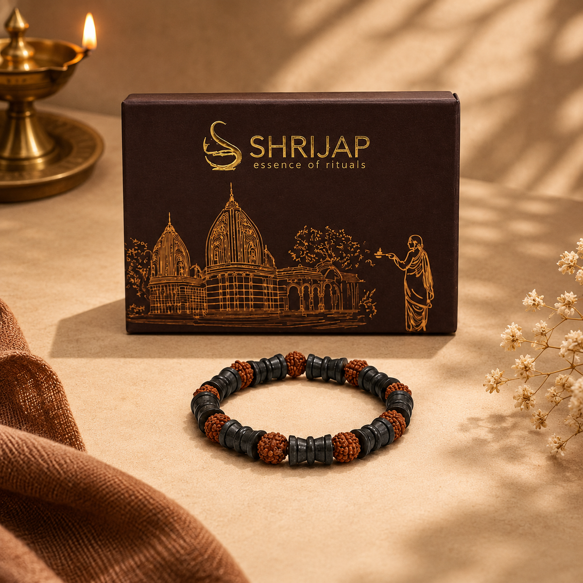 Natural Rudraksha with Black Damru Spacer Beads Bracelet – 8 MM