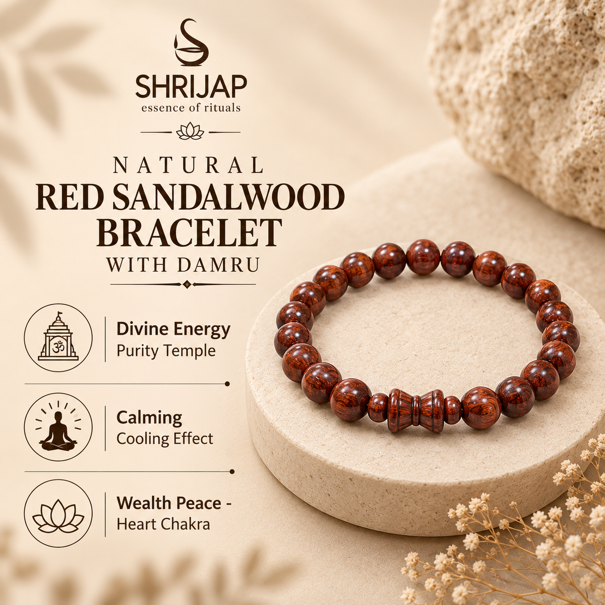Natural Red Sandalwood Bracelet with Damru – 8 MM
