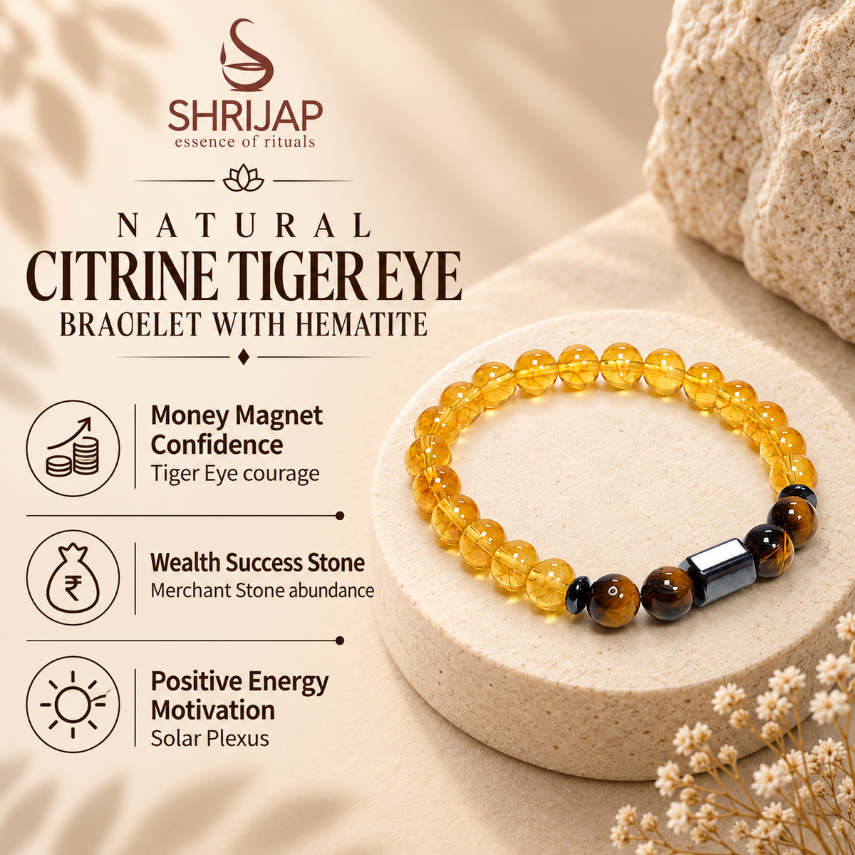 Natural Citrine Tiger Eye Bracelet with Hematite