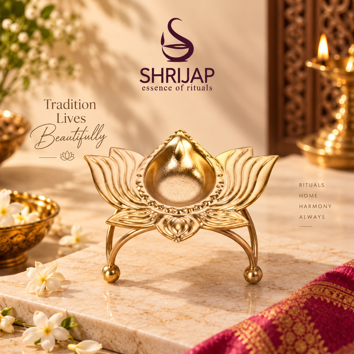 Tripod Lotus Brass Diya