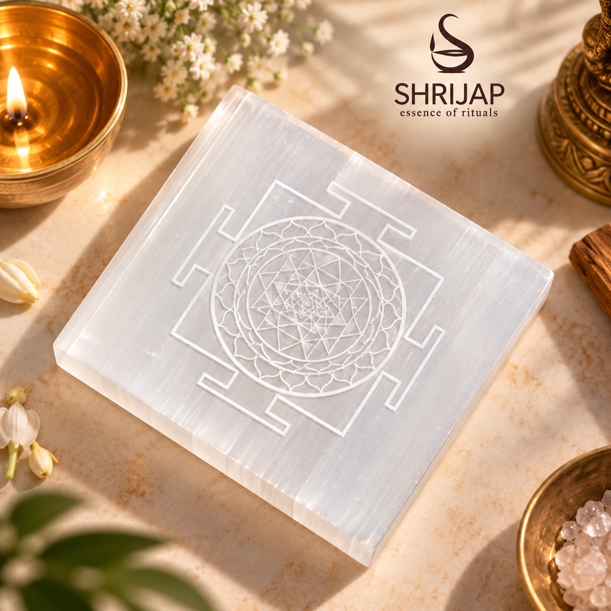Selenite Square Plate – Shri Yantra Engraved