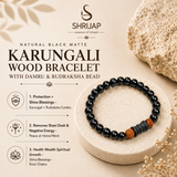 Natural Black Matte Karungali Wood Bracelet with Damru & Rudraksha Bead – 6 MM