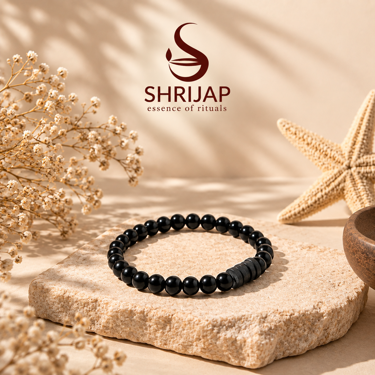 Natural Black Matte Karungali Wood Bracelet with Damru Bead – 6 MM