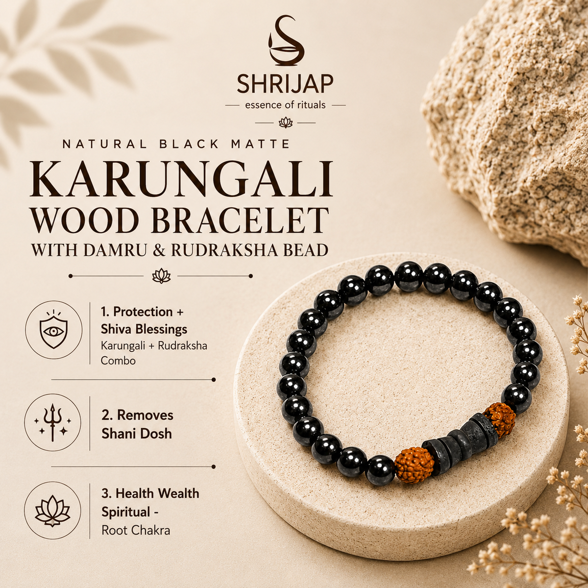 Natural Black Matte Karungali Wood Bracelet with Damru & Rudraksha Bead – 8 MM