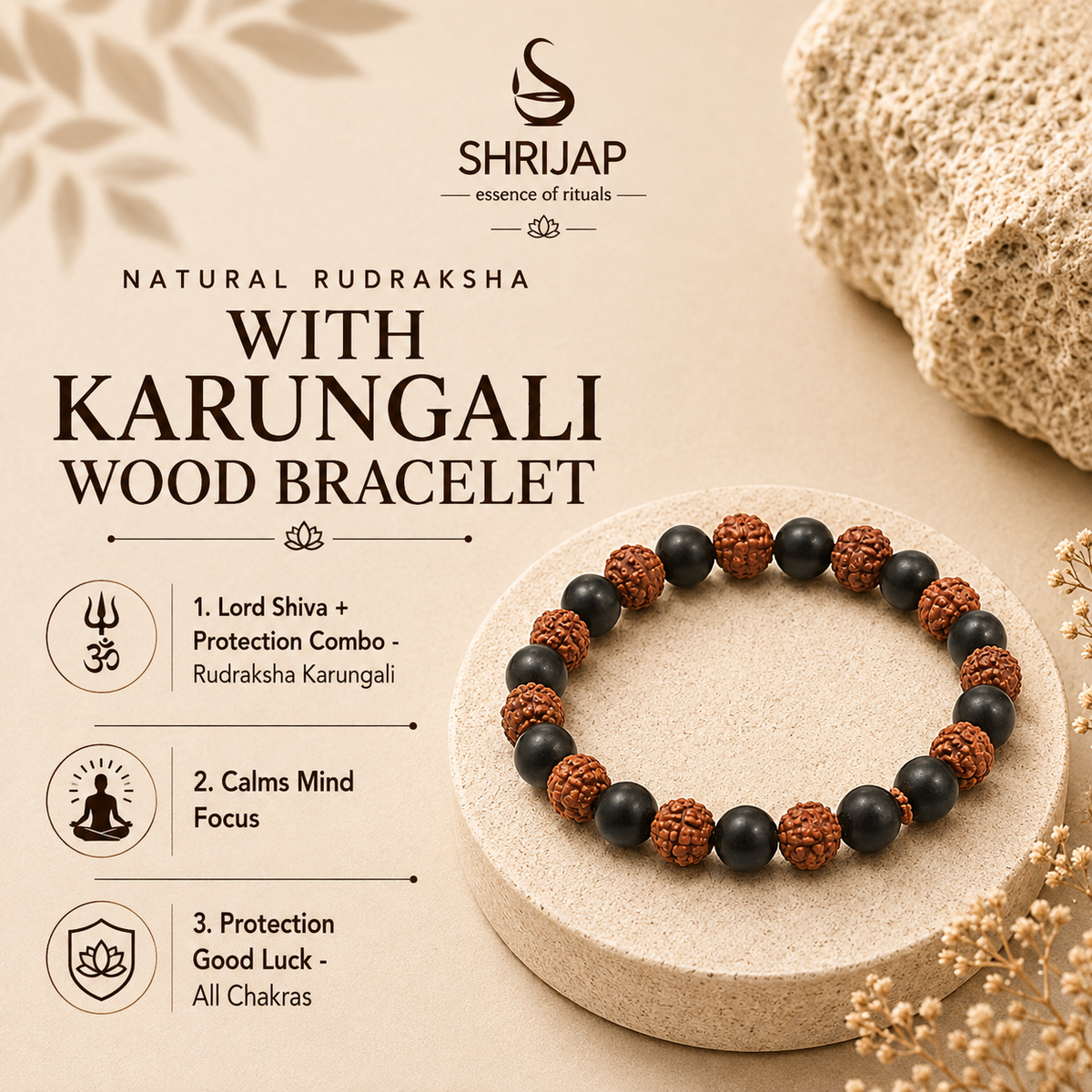 Natural Rudraksha with Karungali Wood Bracelet – 8 MM