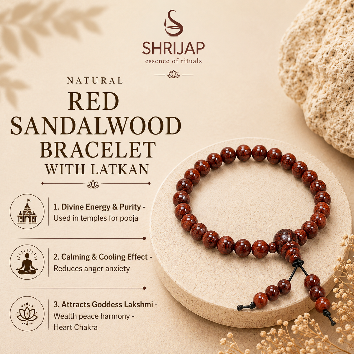 Natural Red Sandalwood Bracelet with Latkan – 6 MM