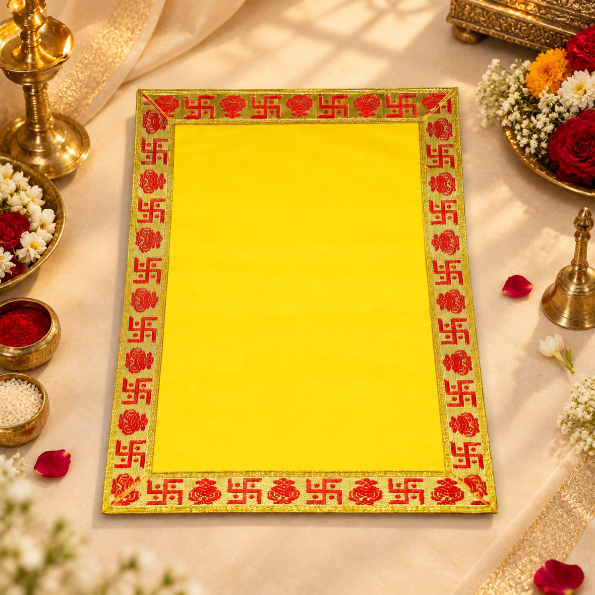 Yellow Velvet Puja Aasan with Golden Border – 15x18 Inch