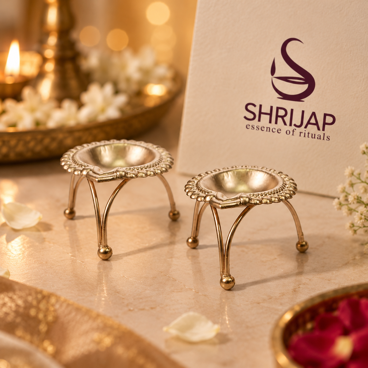 Tripod Brass Floral Diya