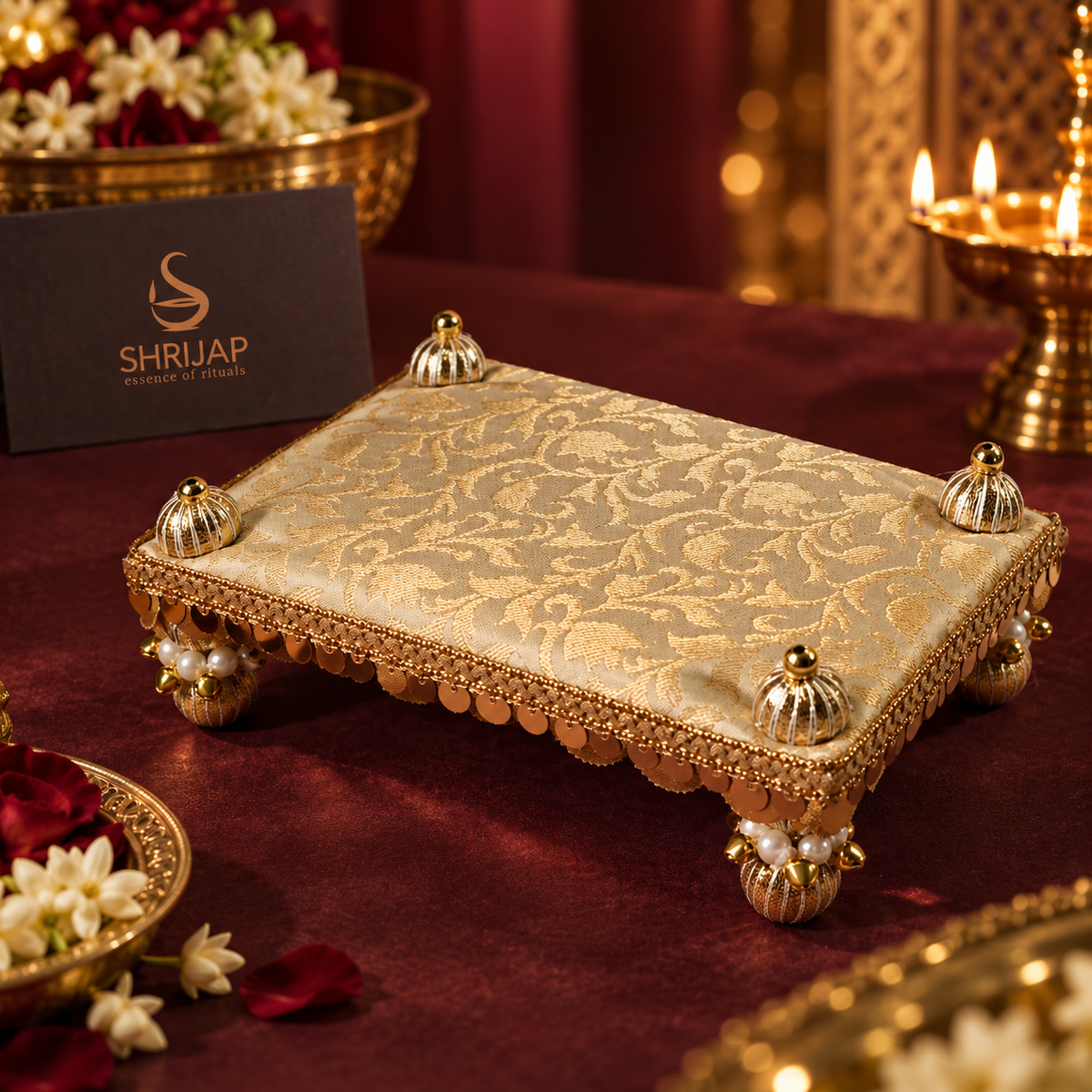Golden Jari Work Puja Bed – 5x8 Inch